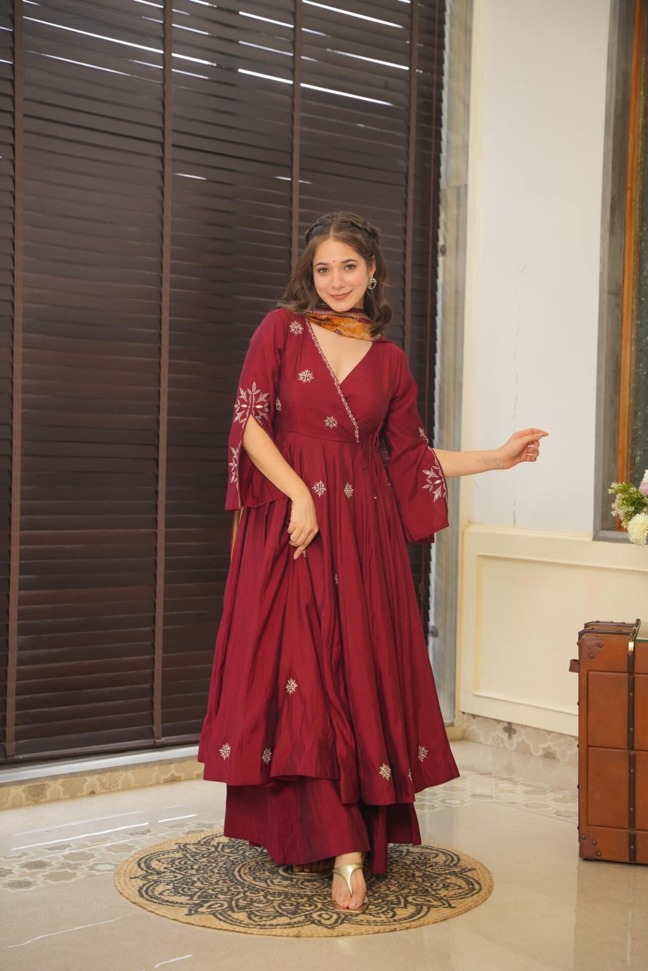 Yash Enterprise Maroon Maslin Cotton Anarkali Suit Set
