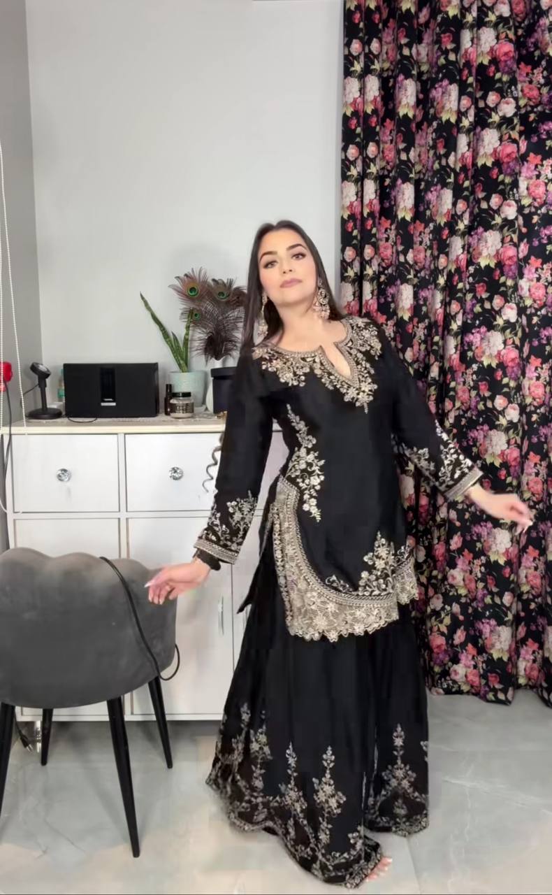 Yash Enterprise Black Chinon Silk Embroidery Party Wear Plazo Set