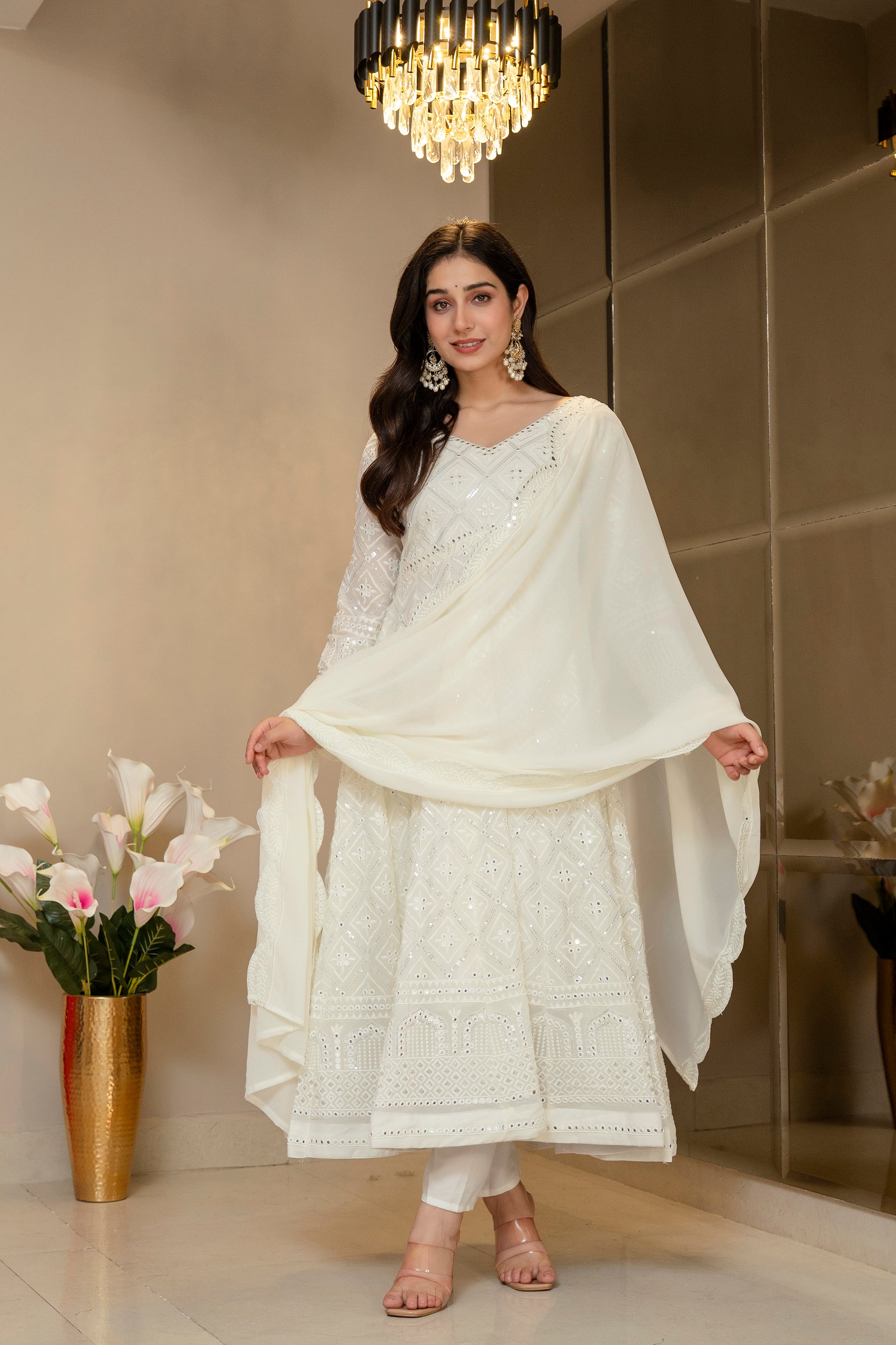 Yash Enterprise Off White Georgette Party Wear Embroidery Suit Set - Dista