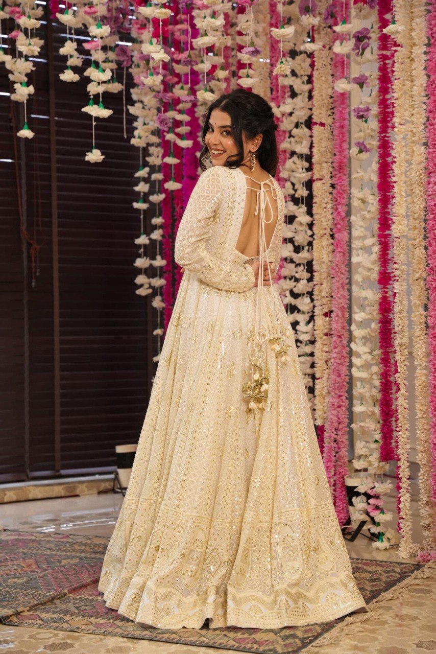 Yash Enterprise Cream Georgette Embroidery Paert Wear Suit Set