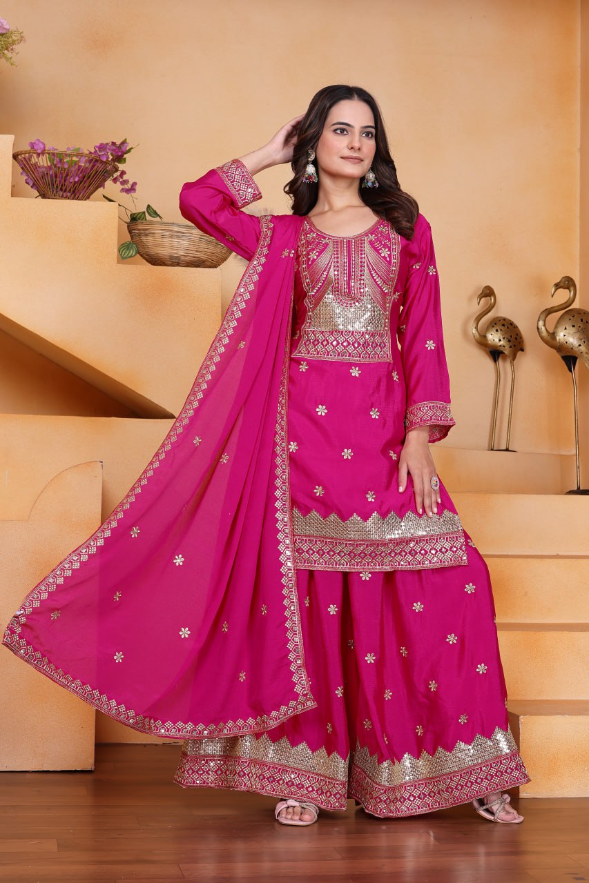 Yash Enterprise Pink Chinon Silk Party Wear Embroidery Suit Set - Distacart