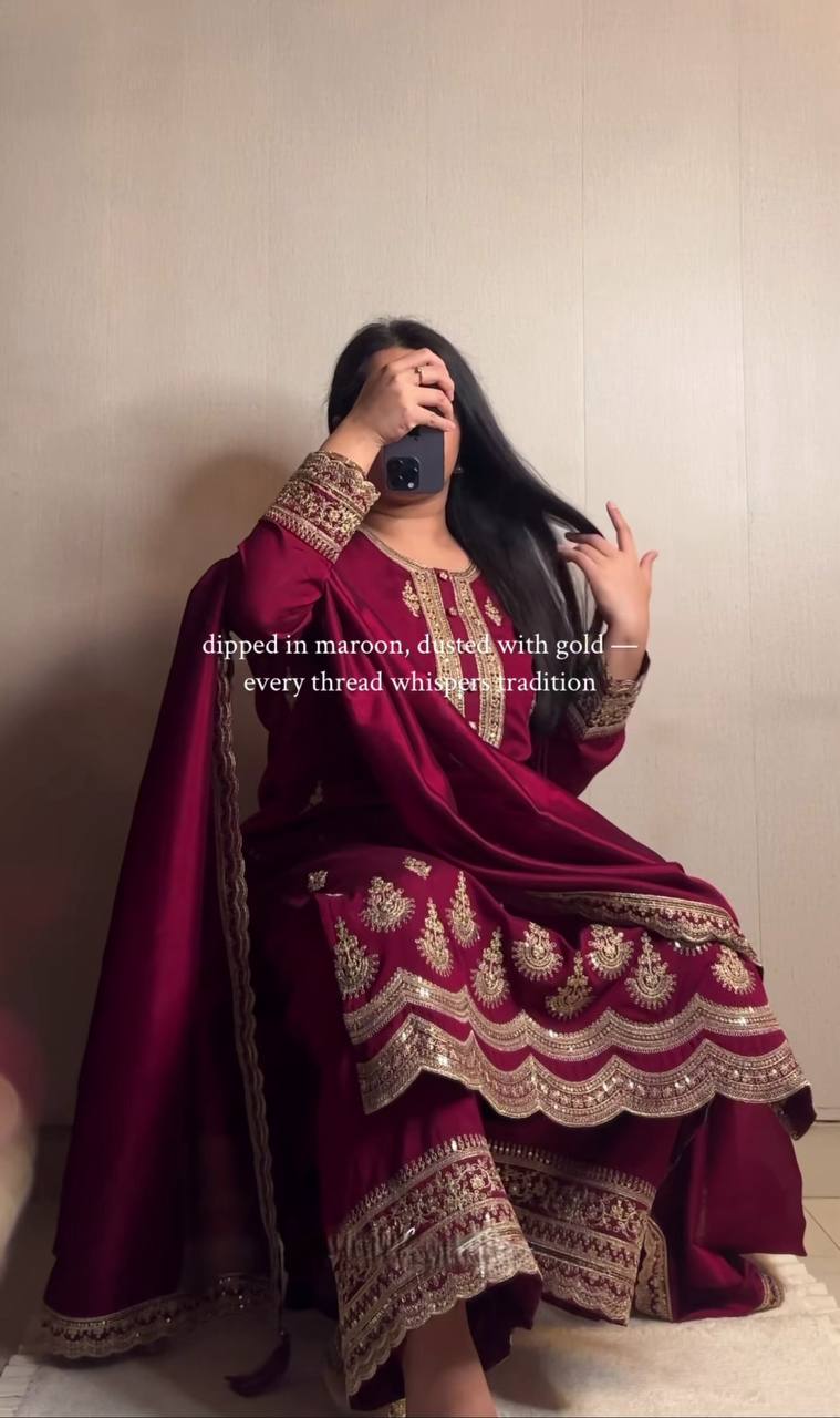Yash Enterprise Maroon Crep Silk Emboidery Party Wear Suit Set