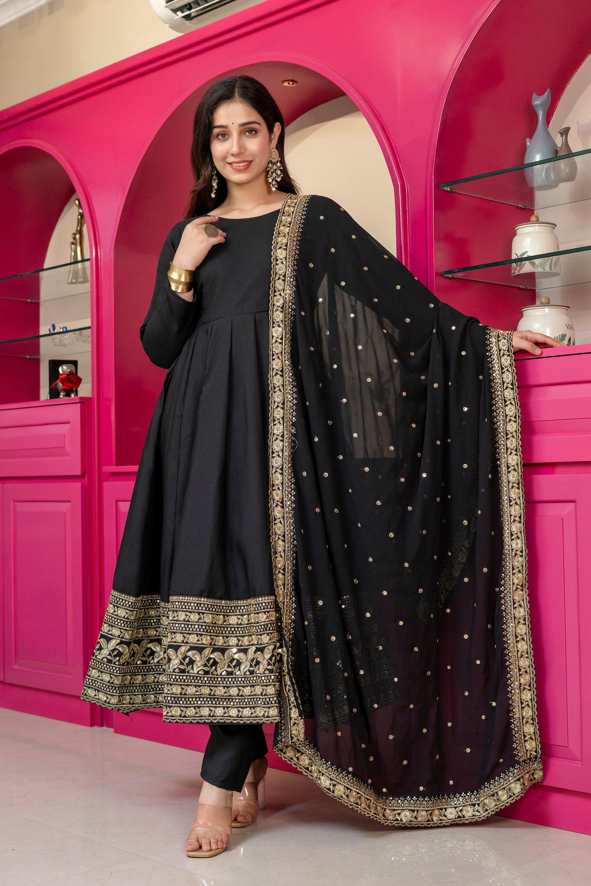 Yash Enterprise Black Rayon Party Wear Embroidery Suit Set - Dista