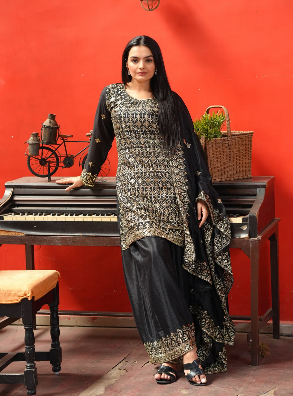 Yash Enterprise Black Chinon Silk Party Wear Embroidery Party Wear Suit Set