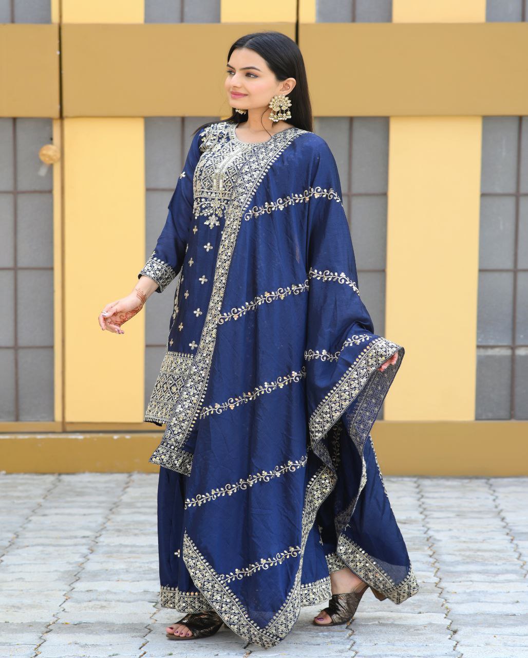 Yash Enterprise Alluring Chinon Silk Navy Blue Embroidery Work Readymade Salwar Suit