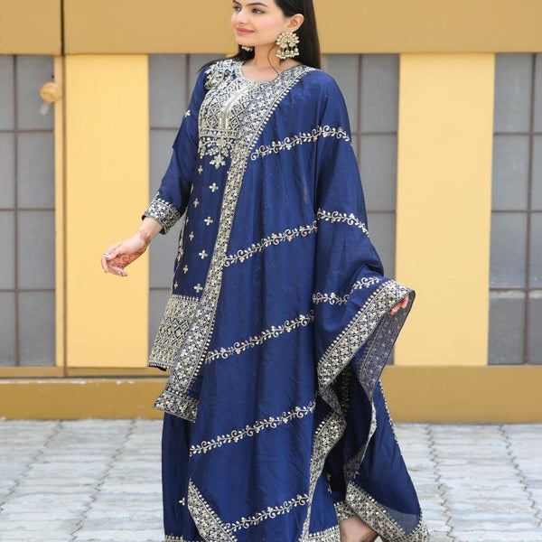 Yash Enterprise Alluring Chinon Silk Navy Blue Embroidery Work Readymade Salwar Suit