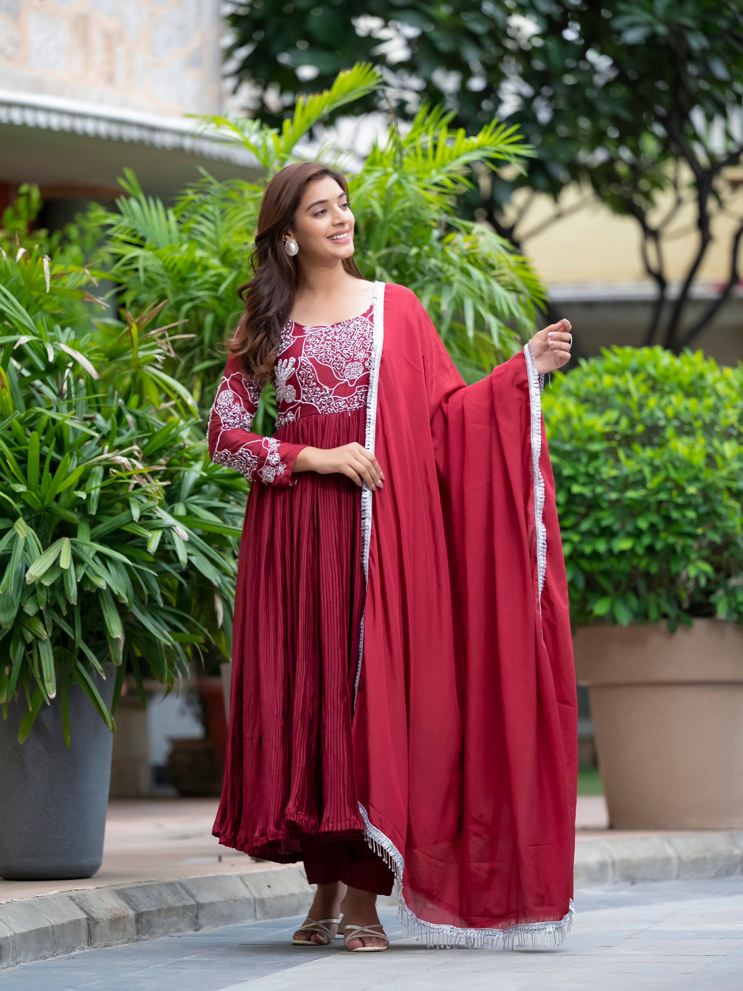 Yash Enterprise Maroon Chinon Silk Party Wear Embroidery Suit Set