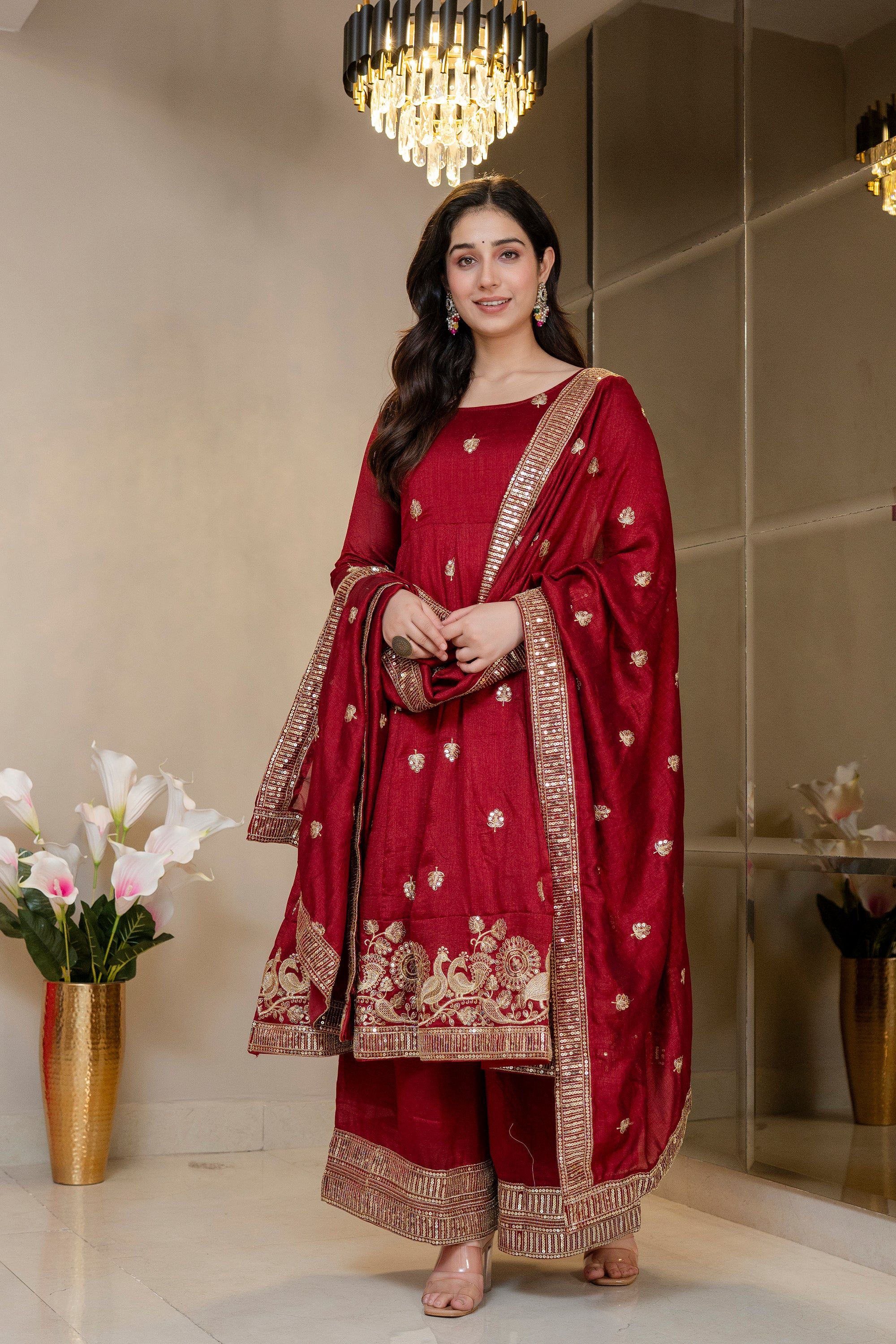 Yash Enterprise Maroon Simmar Silk Party Wear Embroidery Suit Set - Dista