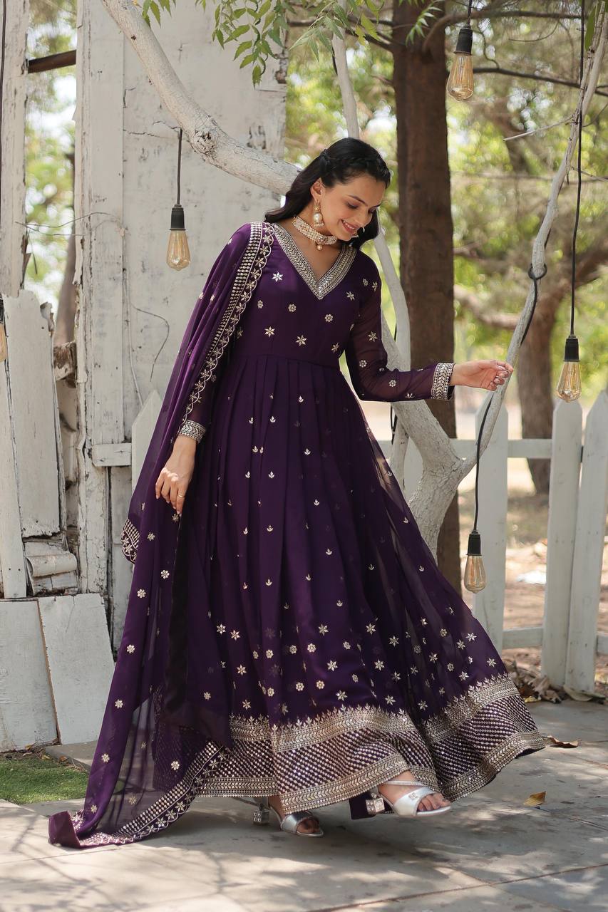 Yash Enterprise Purple Heavy Fux Blooming Embroidery Party Wear Suit