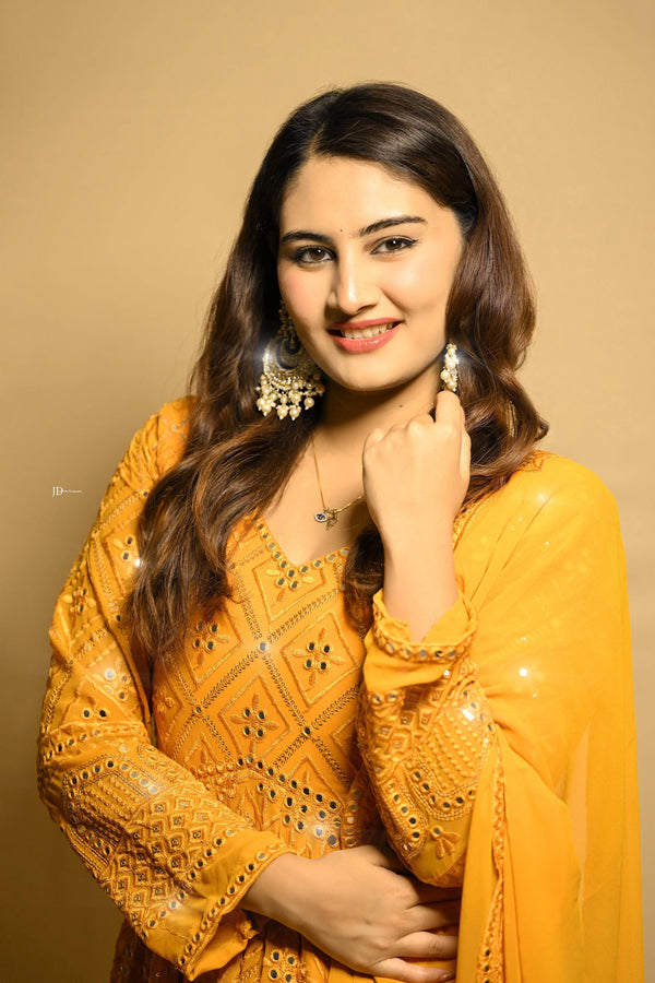 Yash Enterprise Beautiful Yellow Faux Embroidered Wedding Wear Gown With Dupatta