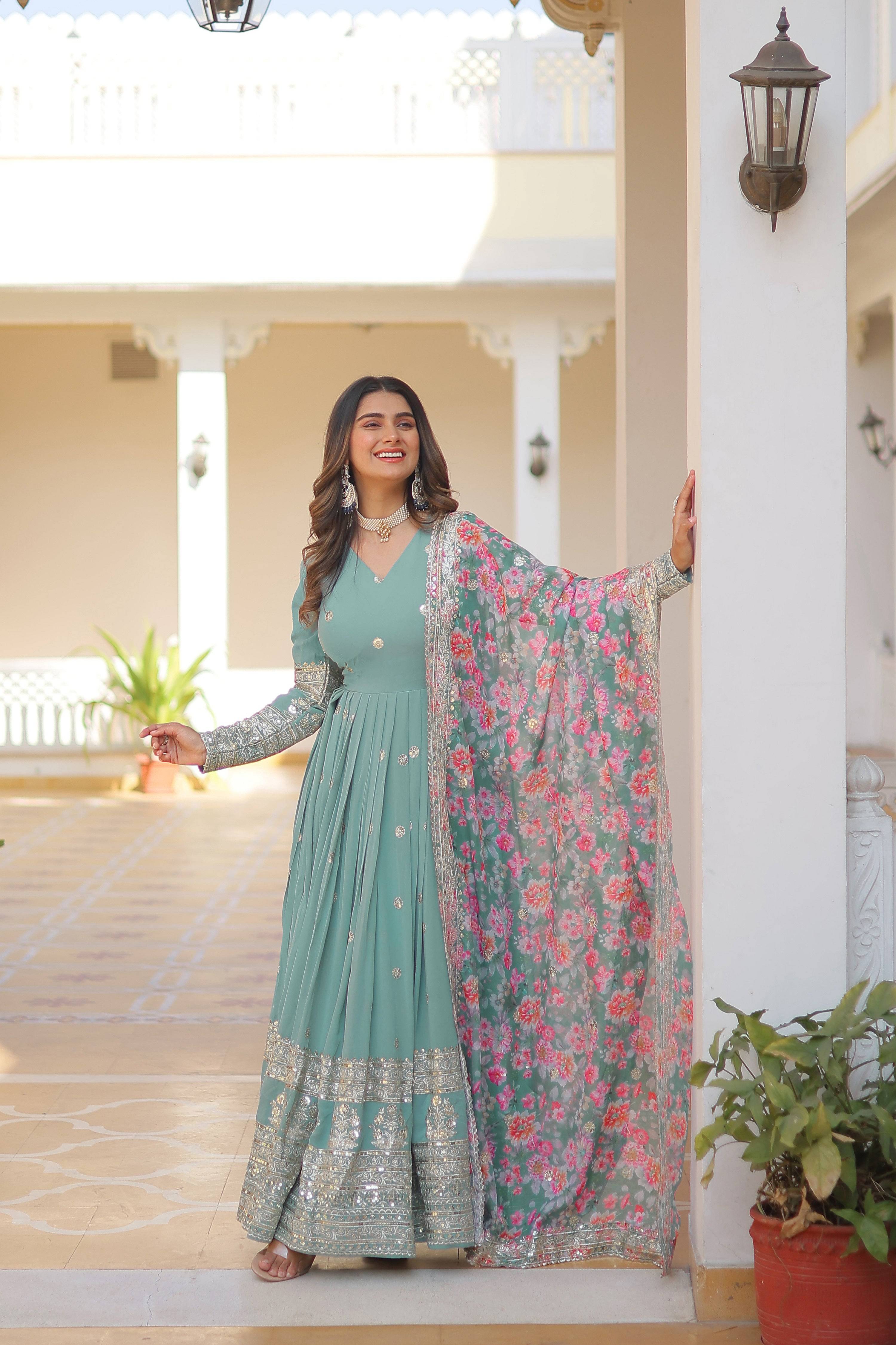 Yash Enterprise Sea Green Georgette Embroidered Long Kurti SetWith Multicolour Dupatta