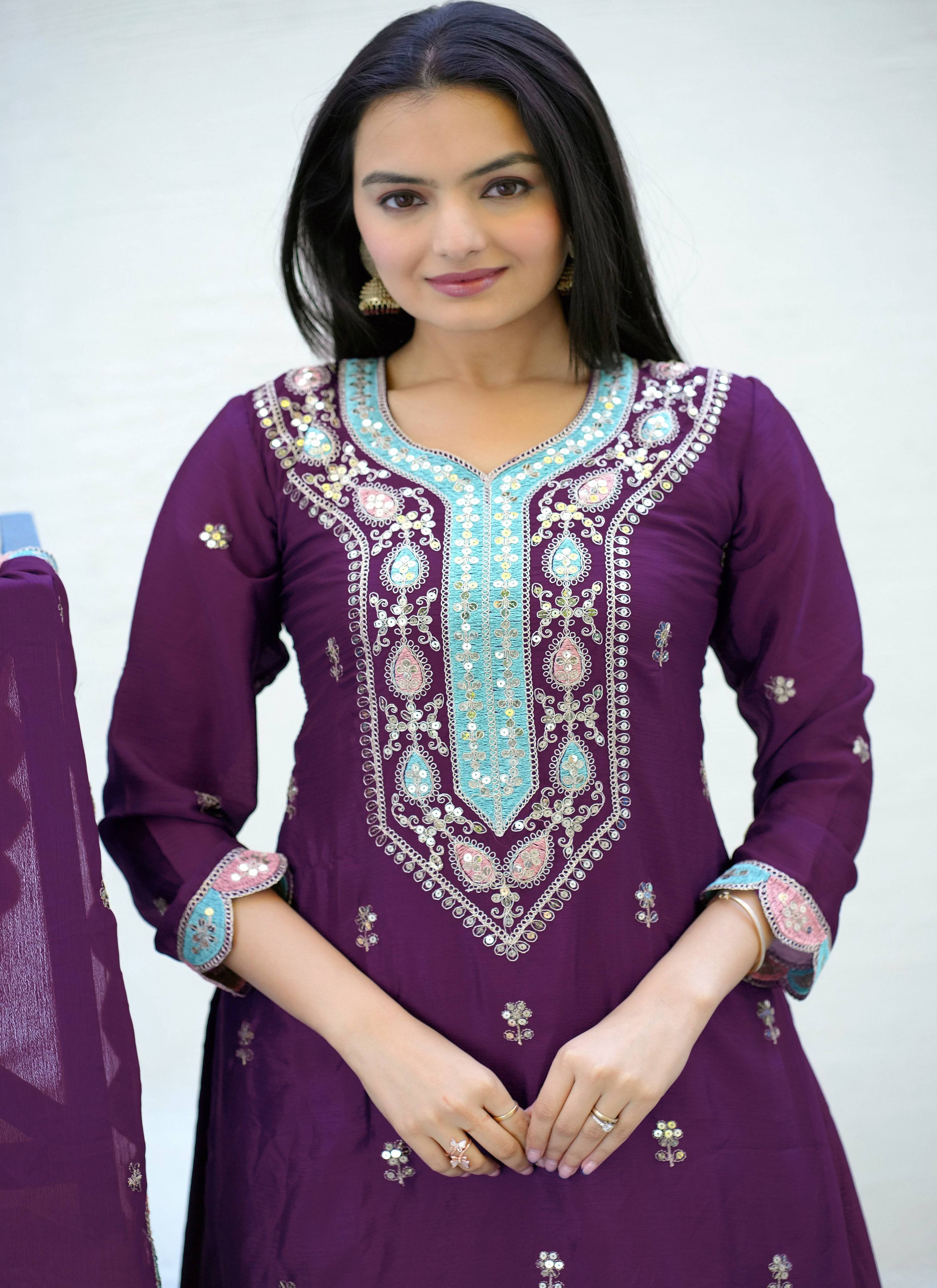 Yash Enterprise New Designer Embroidered Chinon With Sequence Maroon Readymade Salwar Suit
