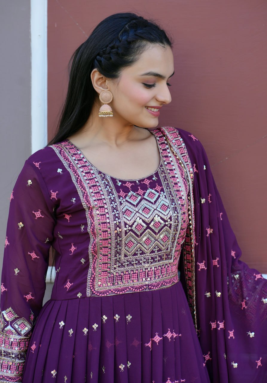 Yash Enterprise Wine Georgette Party Wear Embroidery Party Wear Suit Set