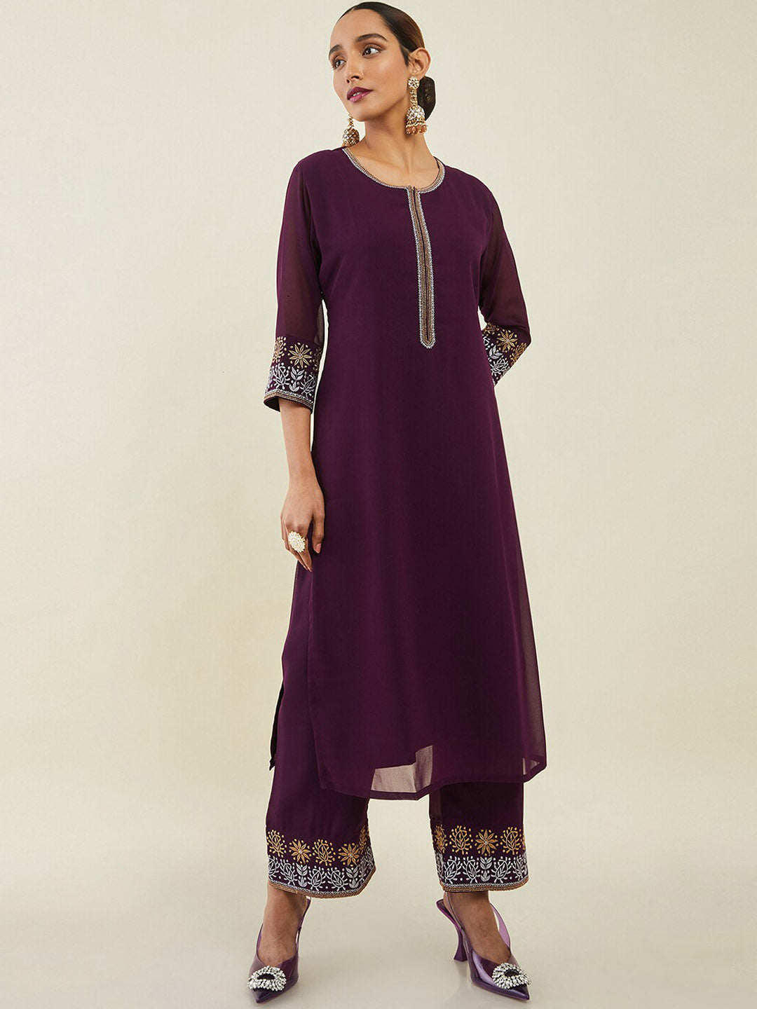 Soch Women Thread Work Straight Kurta with Palazzos - Distacart