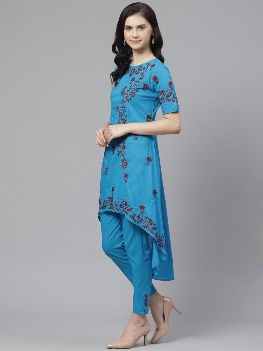ADA Women Blue & Maroon Chikankari Embroidered High Low Handloom Sustainable Kurta with Trousers - Distacart