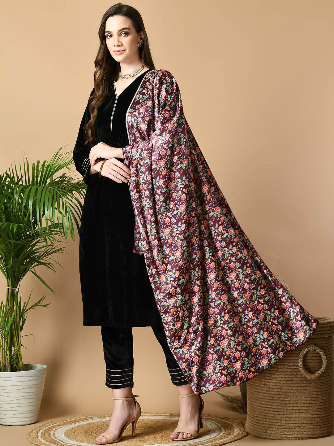 Sangria Maroon V-Neck Straight Velvet Kurta with Trousers With Dupatta - Distacart