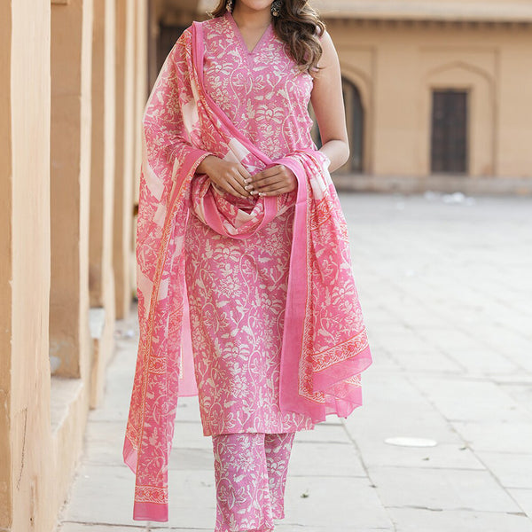 Kalini Floral Printed V-Neck Thread Work Pure Cotton Kurta with Trousers & Dupatta - Distacart