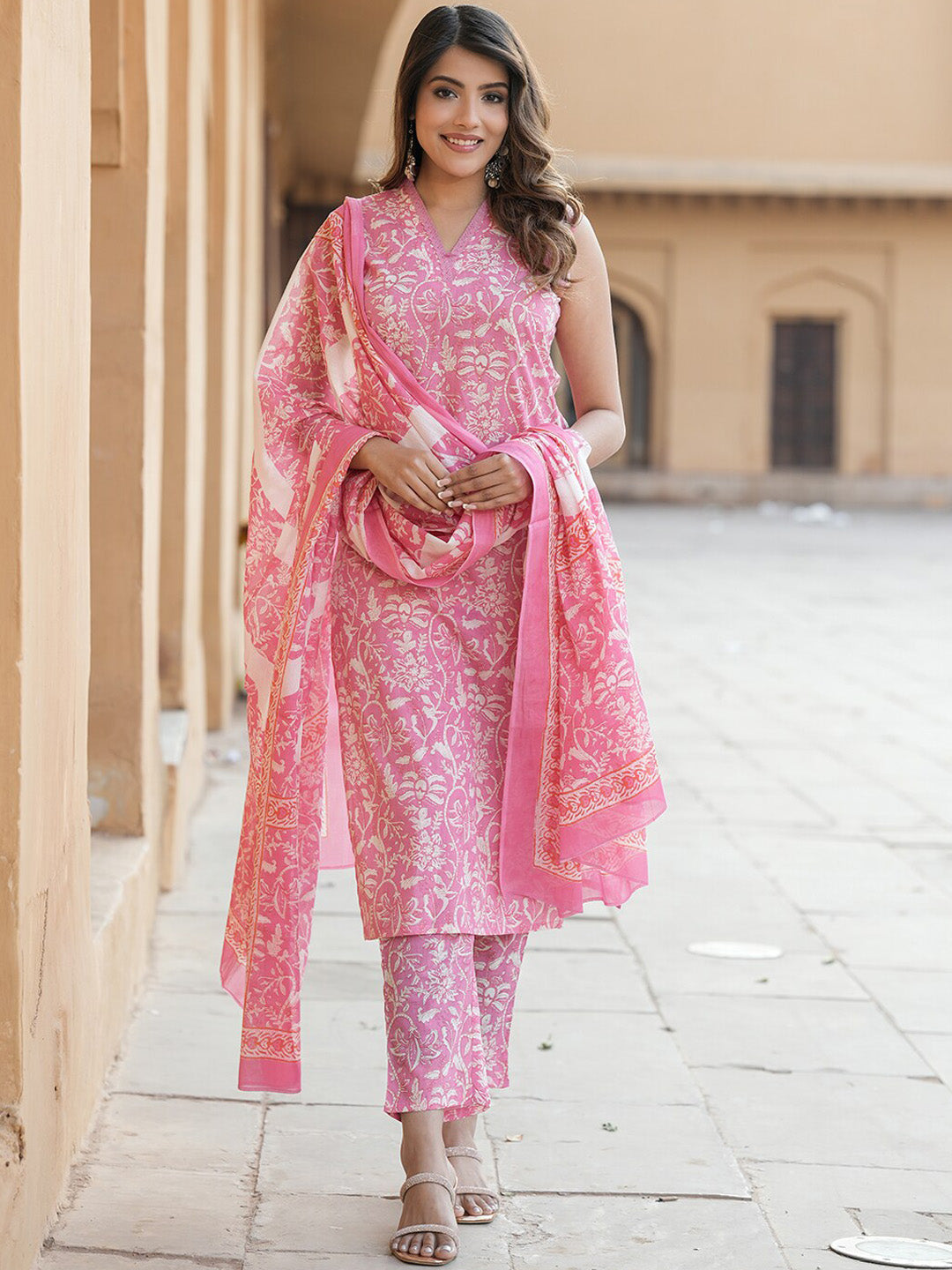 Kalini Floral Printed V-Neck Thread Work Pure Cotton Kurta with Trousers & Dupatta - Distacart