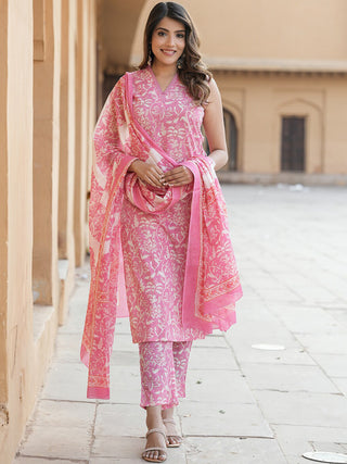 Kalini Floral Printed V-Neck Thread Work Pure Cotton Kurta with Trousers & Dupatta - Distacart