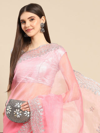 Anouk Pink Sequinned Organza Saree With Embroidered Border - Distacart