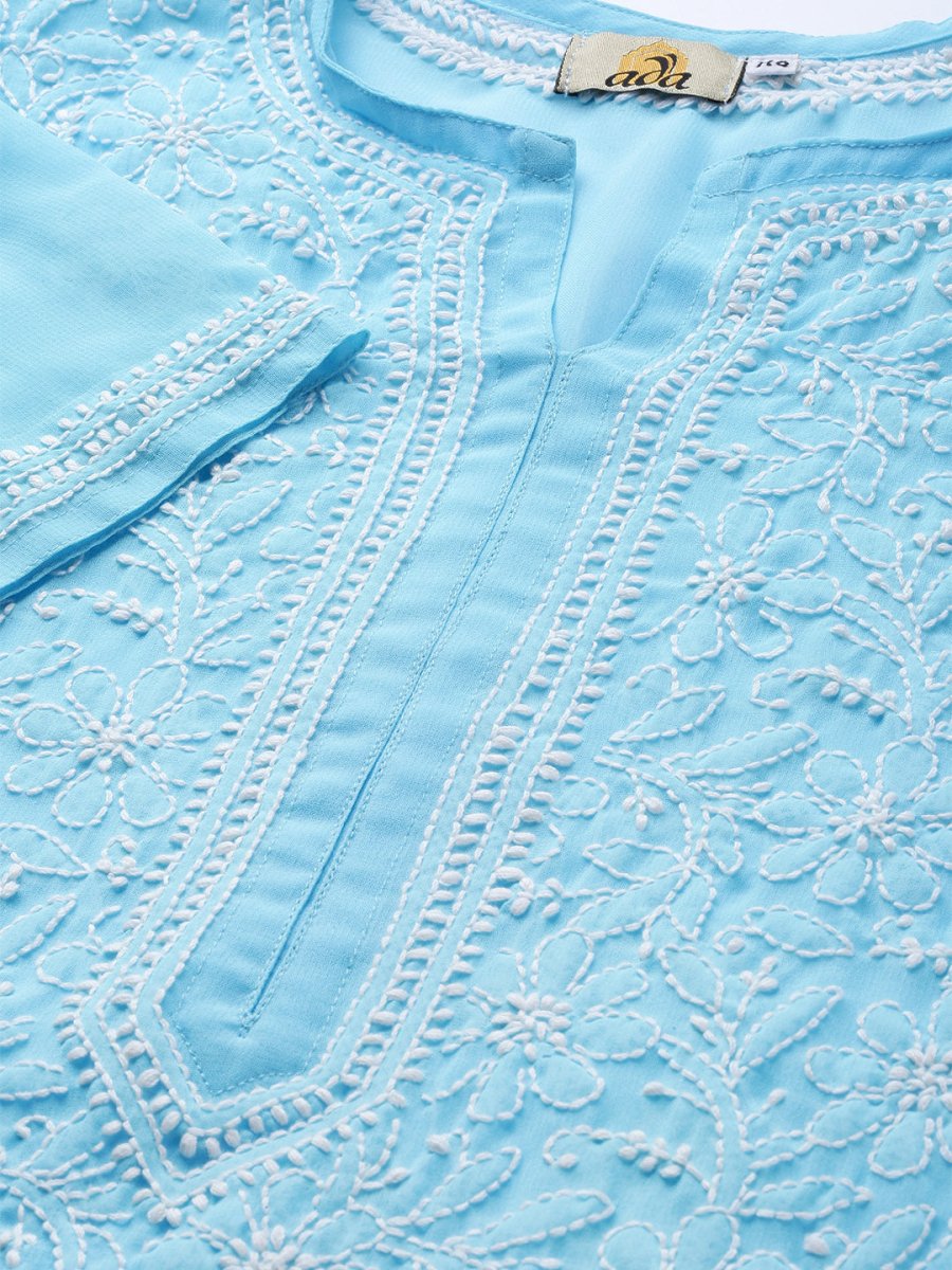 ADA Women Blue & White Chikankari Embroidered Sheer Straight Sustainable Handloom Kurta - Distacart