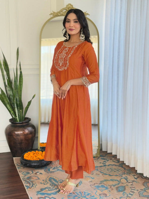 Divine Drape Women's Vichitra Silk Embroidered Flared Kurta Pant With Dupatta - Orange