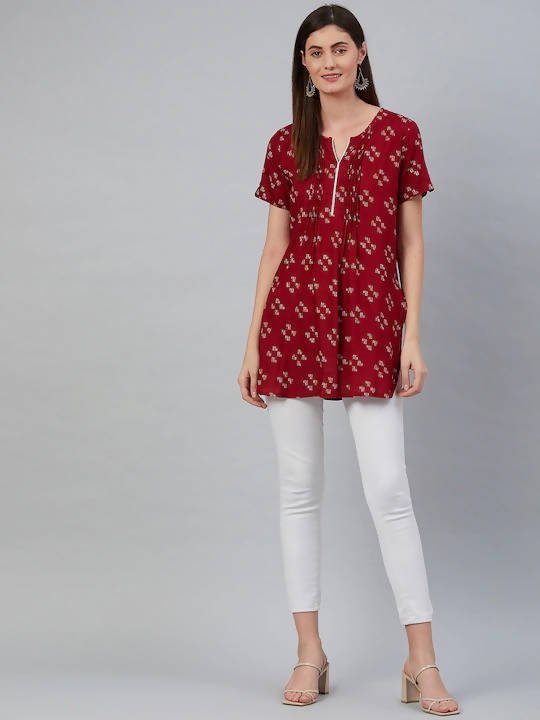 Anubhutee Maroon & White Geometric Printed Pleated Kurti - Distacart