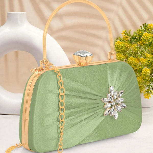 Joban Fashion Luxurious Satin Evening Clutch With Detachable Chain Strap - C Green