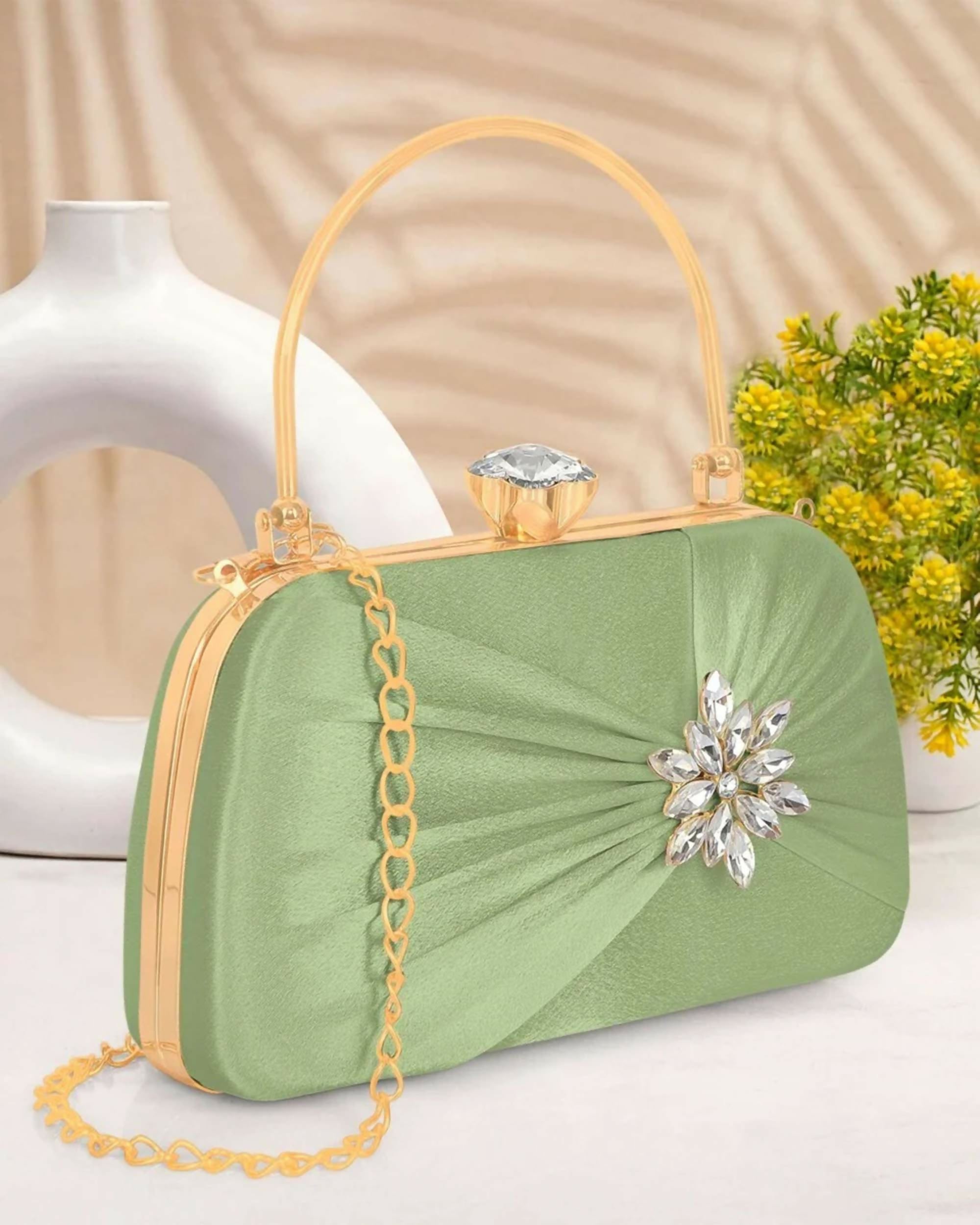 Joban Fashion Luxurious Satin Evening Clutch With Detachable Chain Strap - C Green - Dista
