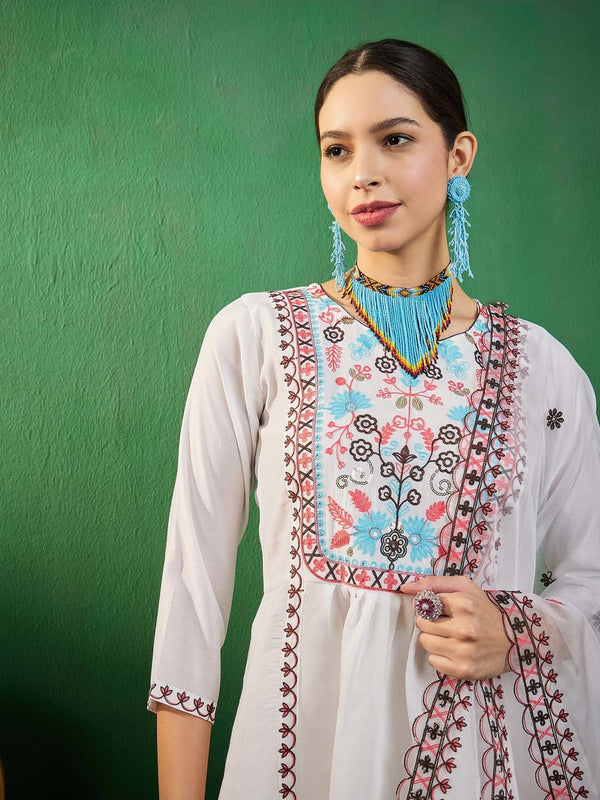 Sangria Off White Embroidered A-Line Kurta With Trouser & Dupatta
