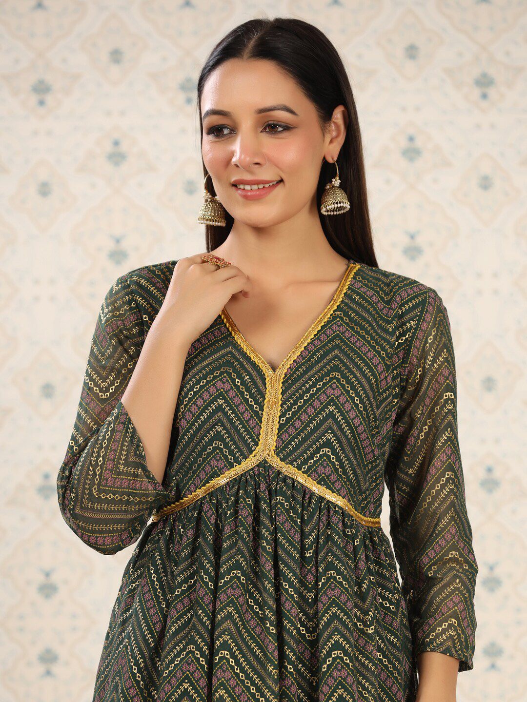 Ode by House of Pataudi Ethnic Motifs Printed V-Neck Thread Work Empire Anarkali Kurta - Distacart