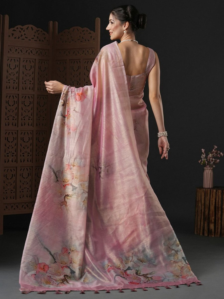 Anouk Pink & Green Floral Printed Organza Saree - Distacart