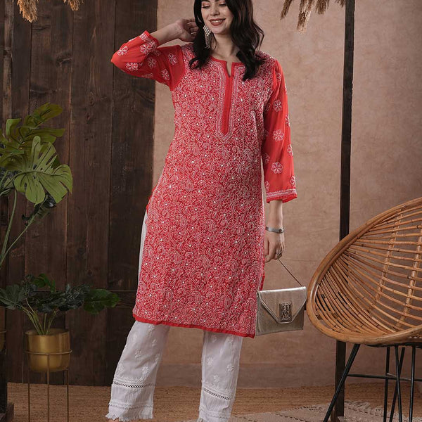 ADA Women Red & White Chikankari Hand Embroidered Semi-Sheer Straight Sustainable Handloom Kurta - Distacart