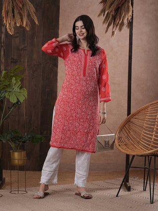 ADA Women Red & White Chikankari Hand Embroidered Semi-Sheer Straight Sustainable Handloom Kurta - Distacart