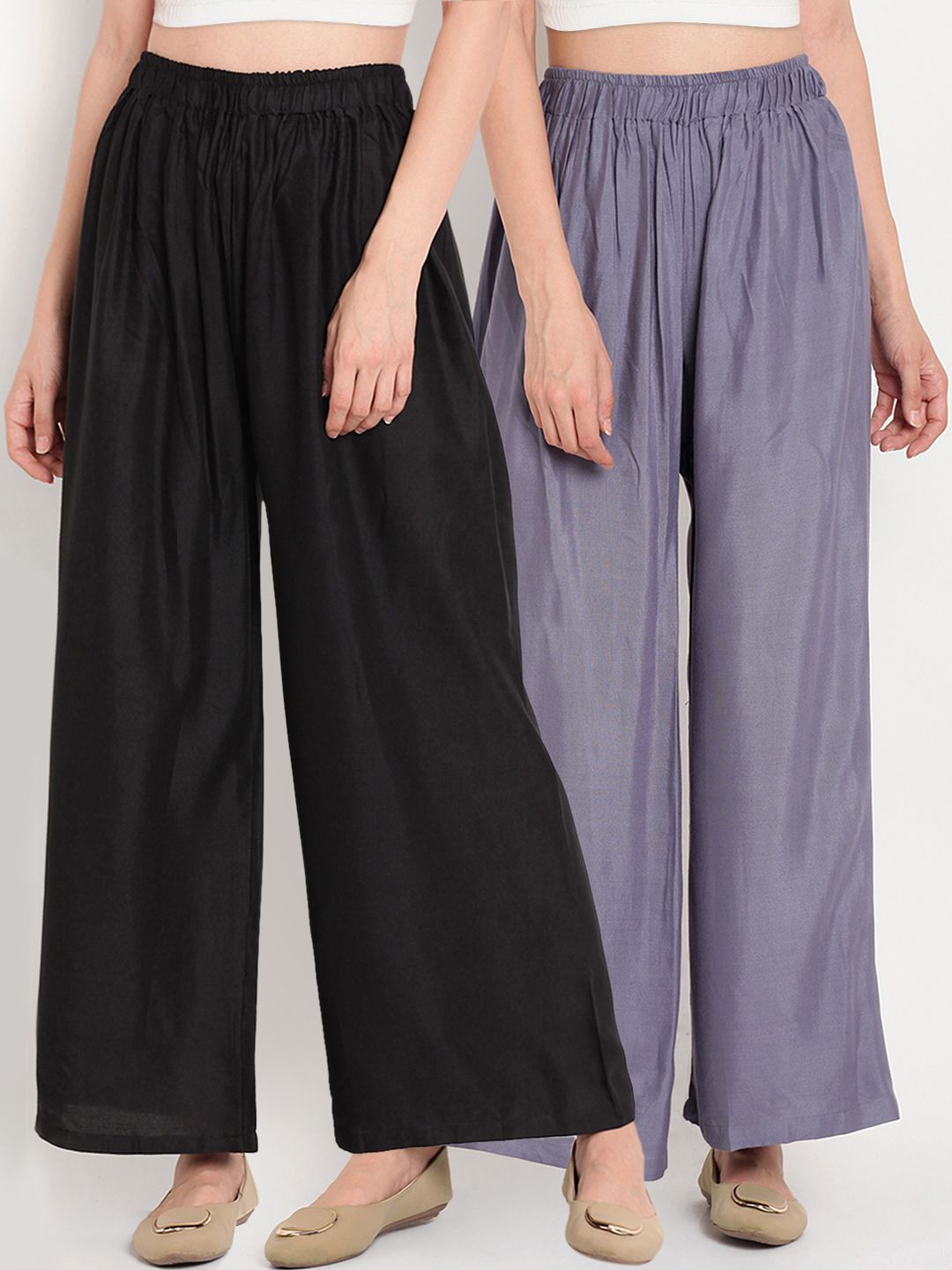 TAG 7 Women Pack Of 2 Black & Grey Solid Flared Palazzos - Distacart