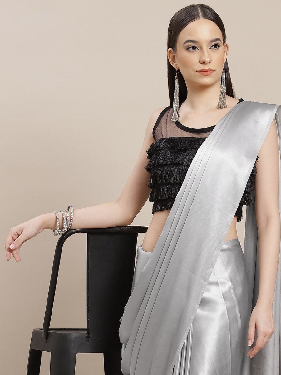 Anouk Grey Solid Satin Saree - Distacart