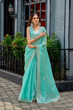 Thumbnail for Vastranavya Turquoise Embroidery Work Shimmer Chiffon Saree with Unstitched Blouse