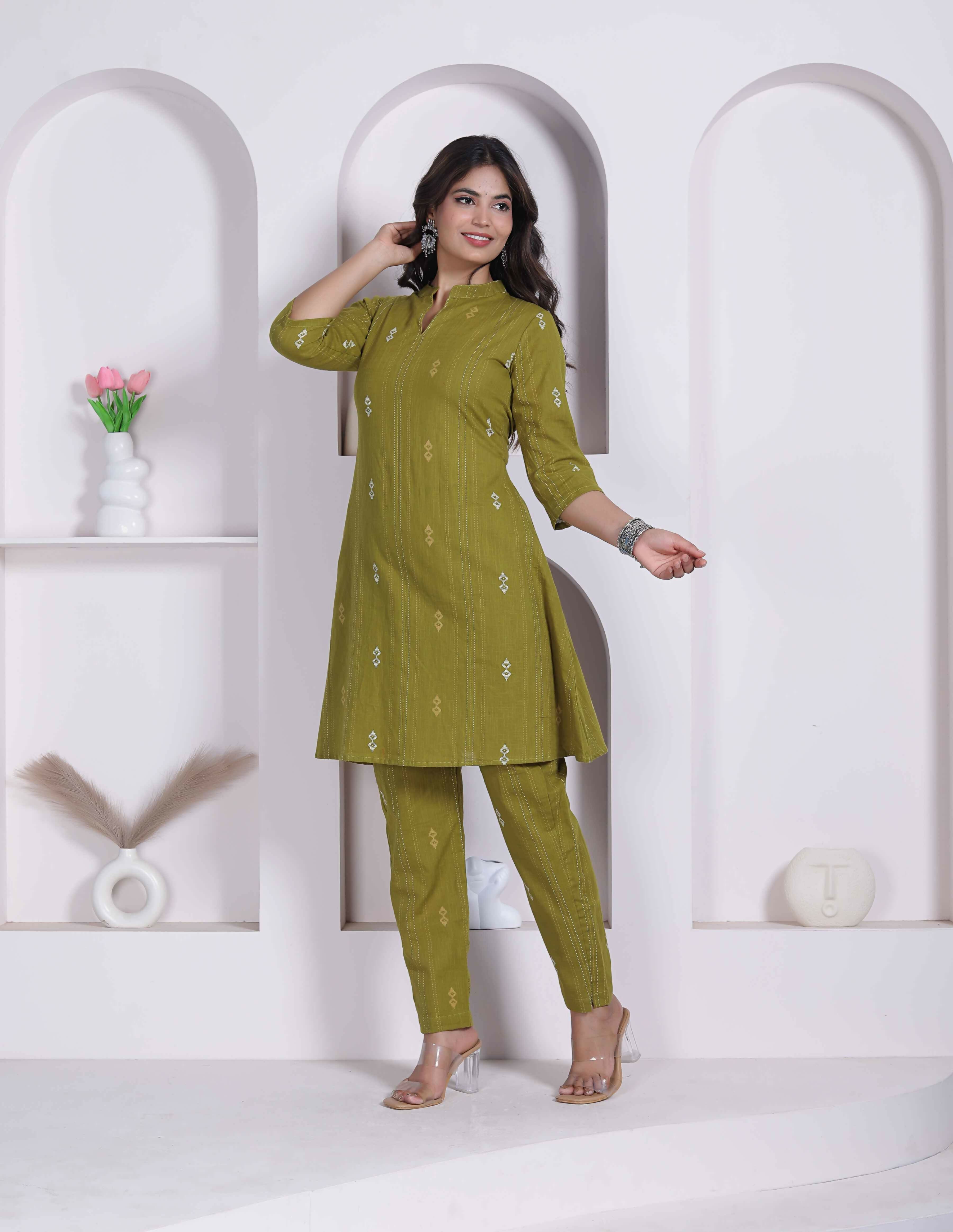 Miravan Womens Green Printed Cotton Straight Kurta With Palazzo - Dista