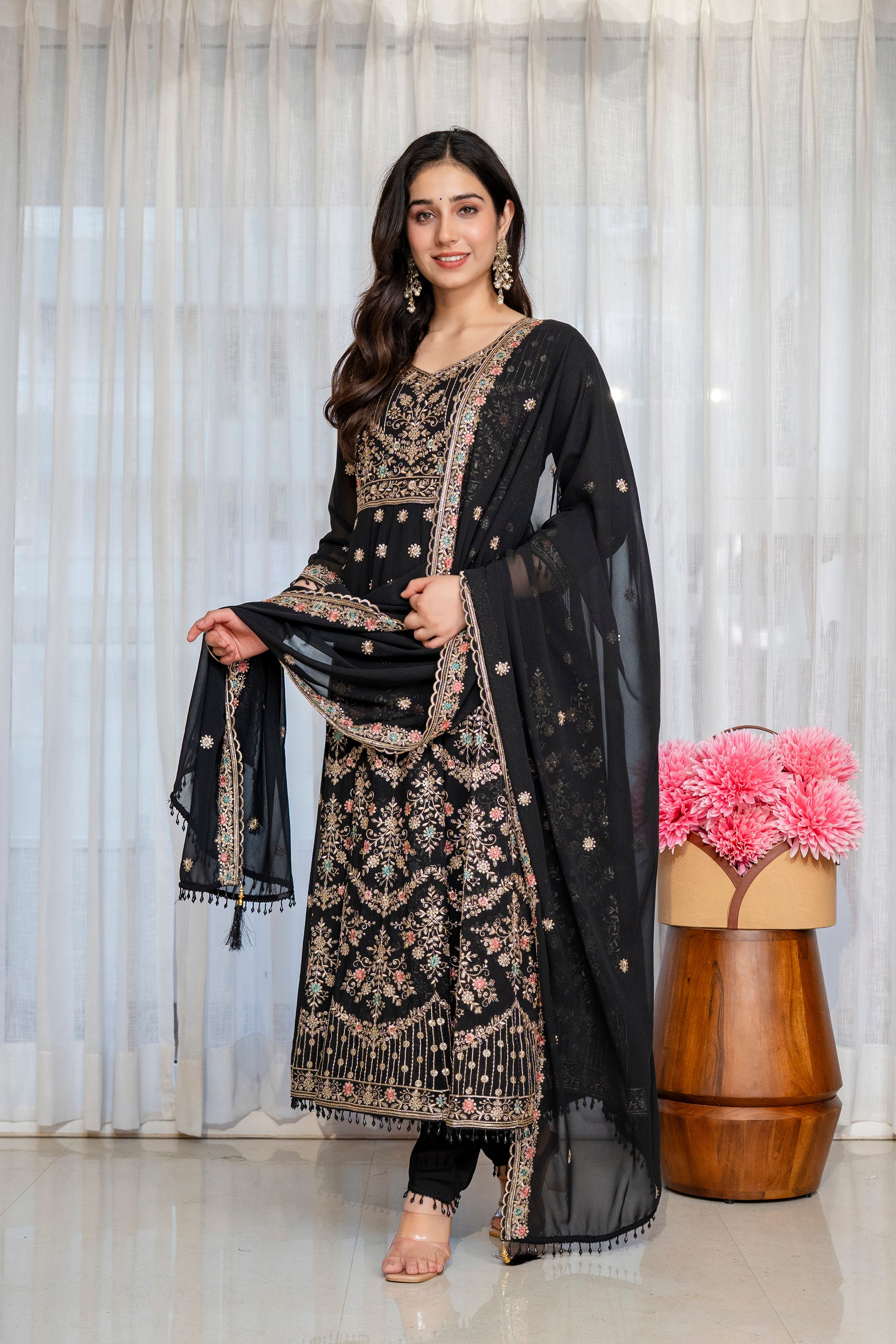 Yash Enterprise Black Georgette Party Wear Anarkali Suit Set - Dista
