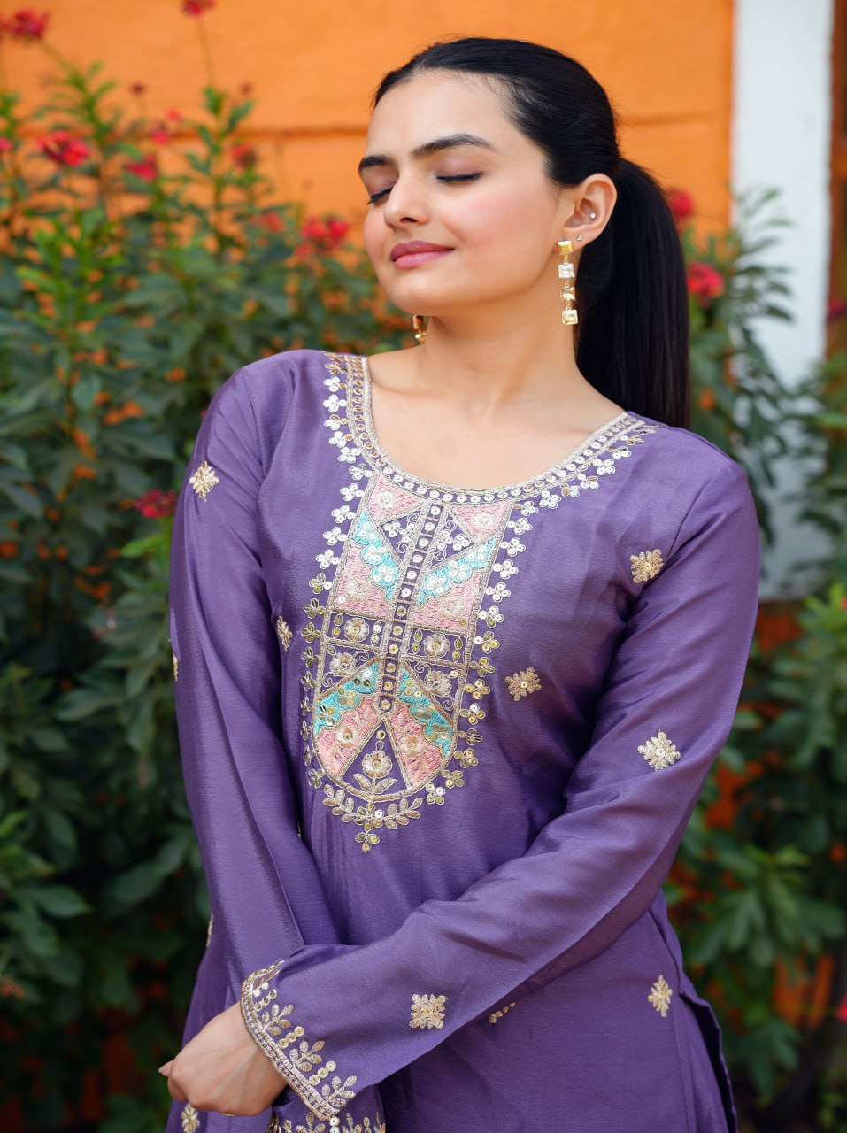 Yash Enterprise Purple Chinon Silk Party Wear Embroidery Suit Set