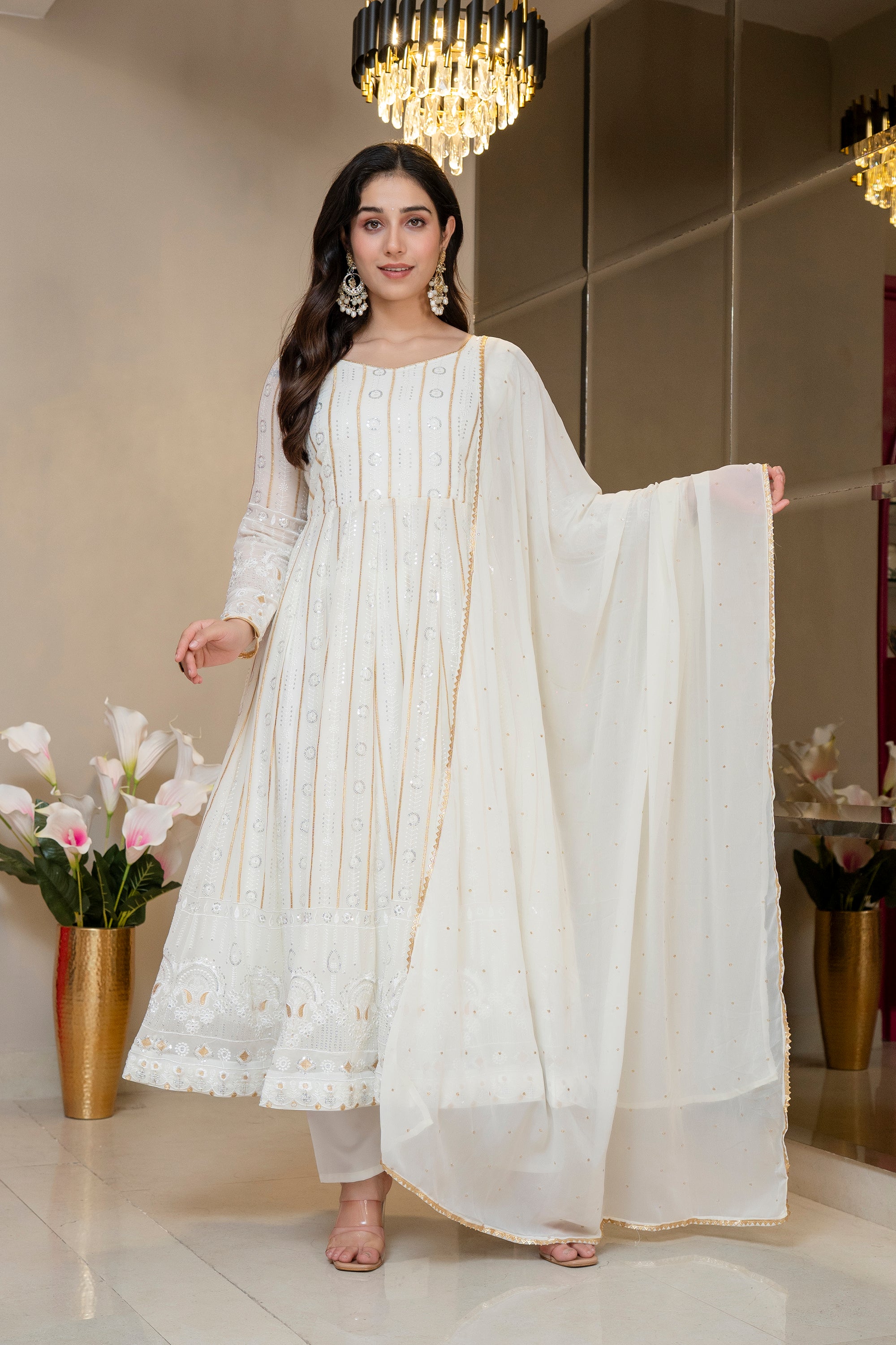 Yash Enterprise Off White Faux Blooming Party Wear Embroidery Suit Set - Dista