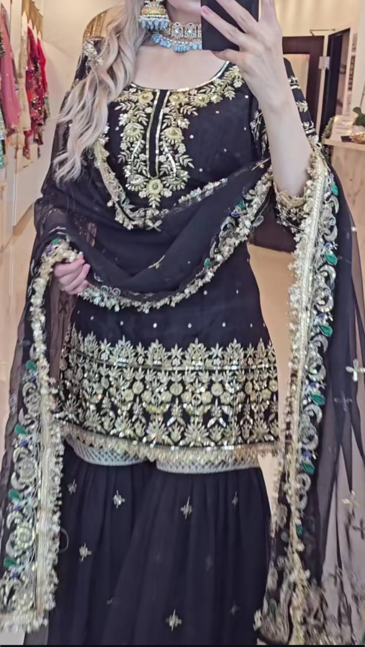 Yash Enterprise Black Faux Georgette Embroidery Party Wear Suit Set