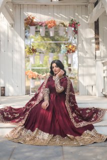 Yash Enterprise Dark Maroon Vichitra Shimmer With Rich Sequins Embroidered Work Party Wear Suit Set Stitched