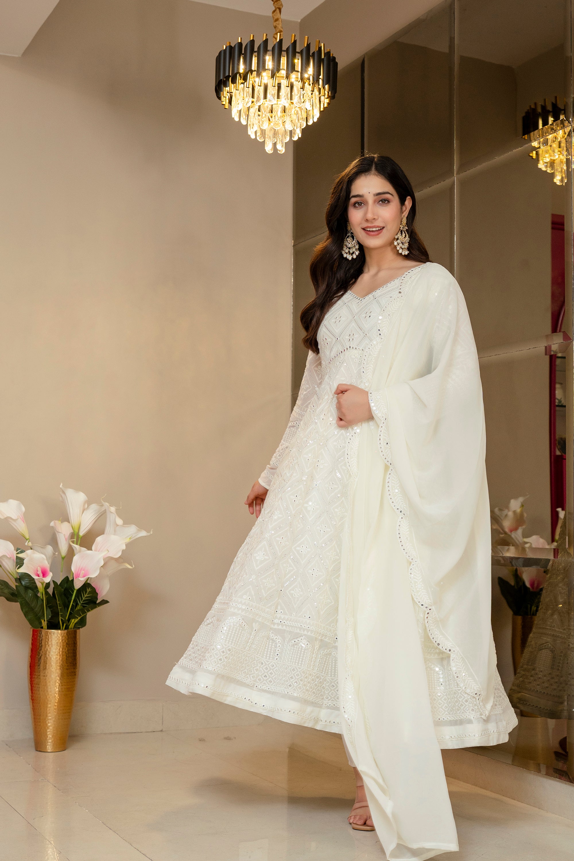 Yash Enterprise Off White Georgette Party Wear Embroidery Suit Set - Dista