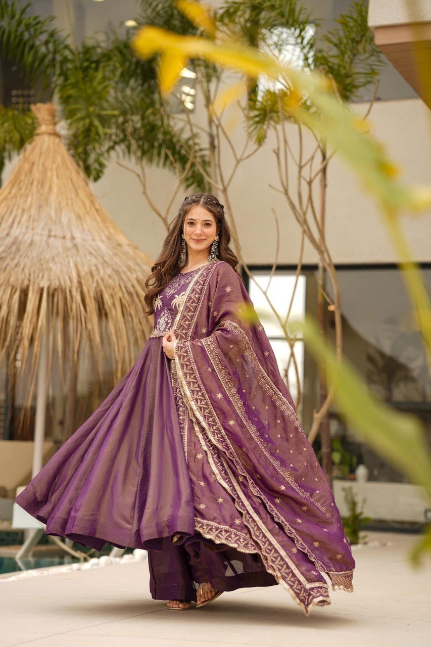 Yash Enterprise Purple Cosmo Silk Party Wear Ebroidery Suit Set
