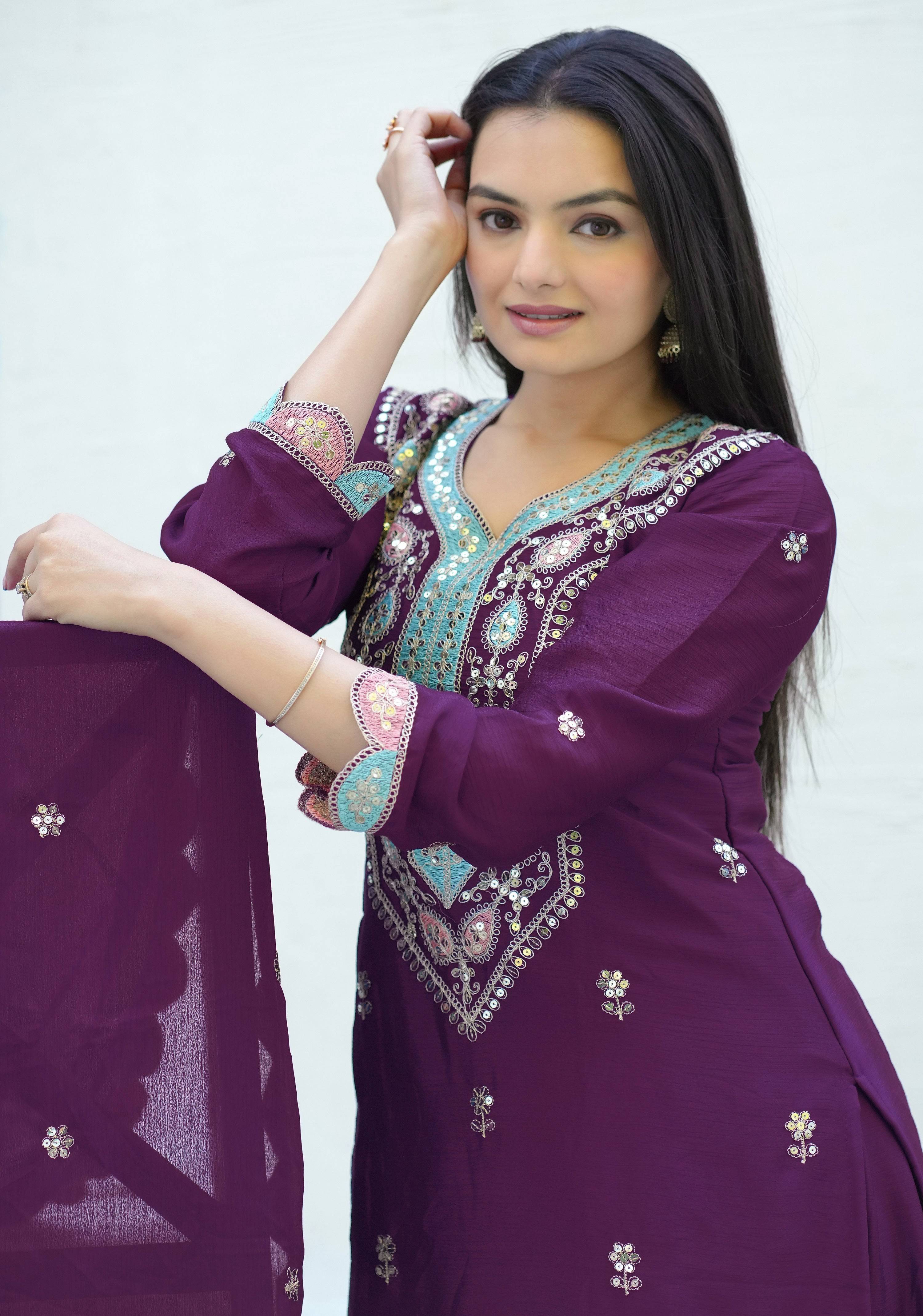 Yash Enterprise New Designer Embroidered Chinon With Sequence Maroon Readymade Salwar Suit