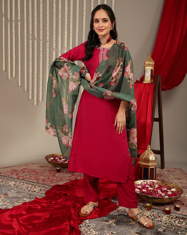Varanga Magenta Embroidered Kurta Paired With Straight Trouser And Digital Floral Printed Dupatta - Distacart