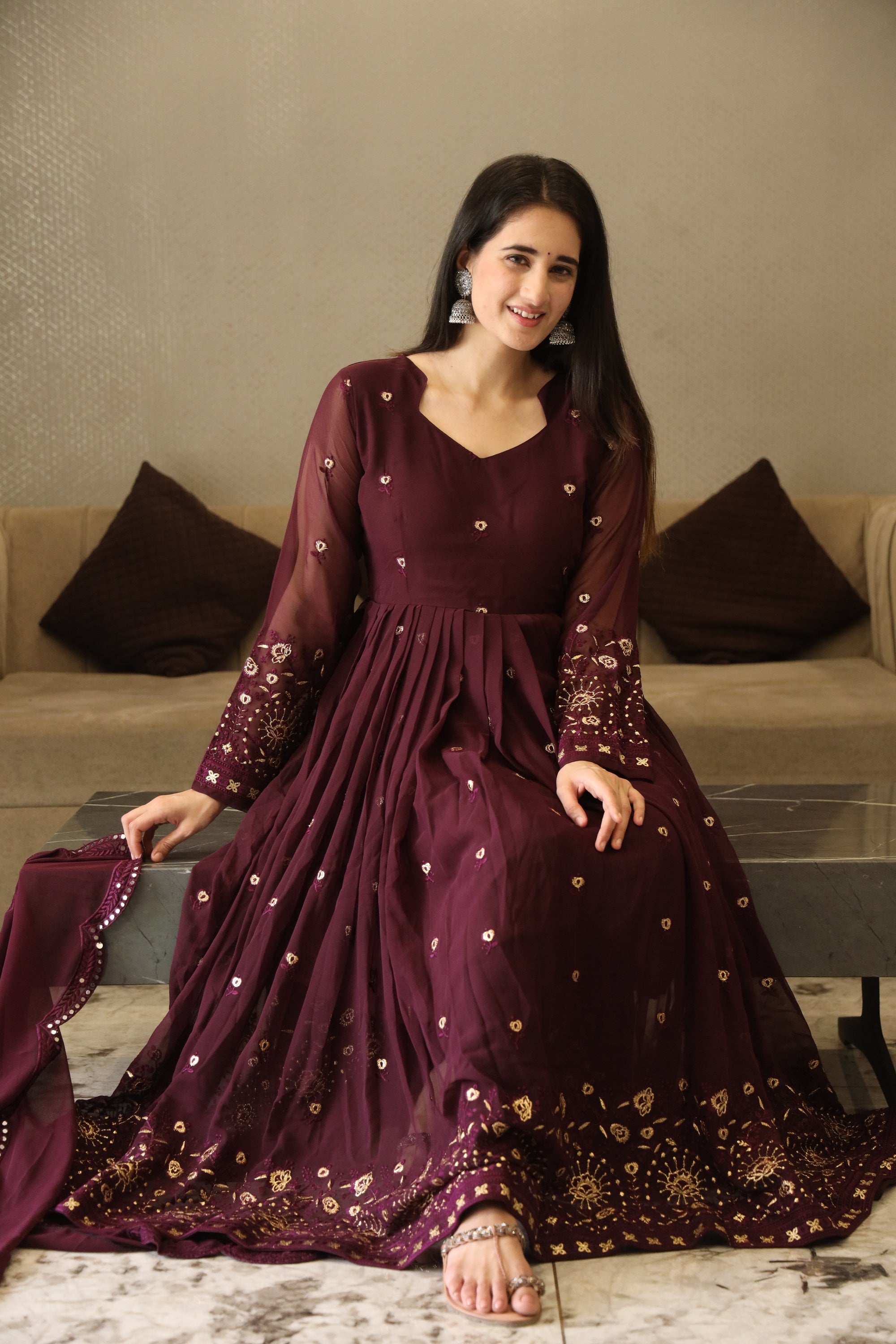 Yash Enterprise Wine Coloured Anarkali Embroidery Suit Set Stitched