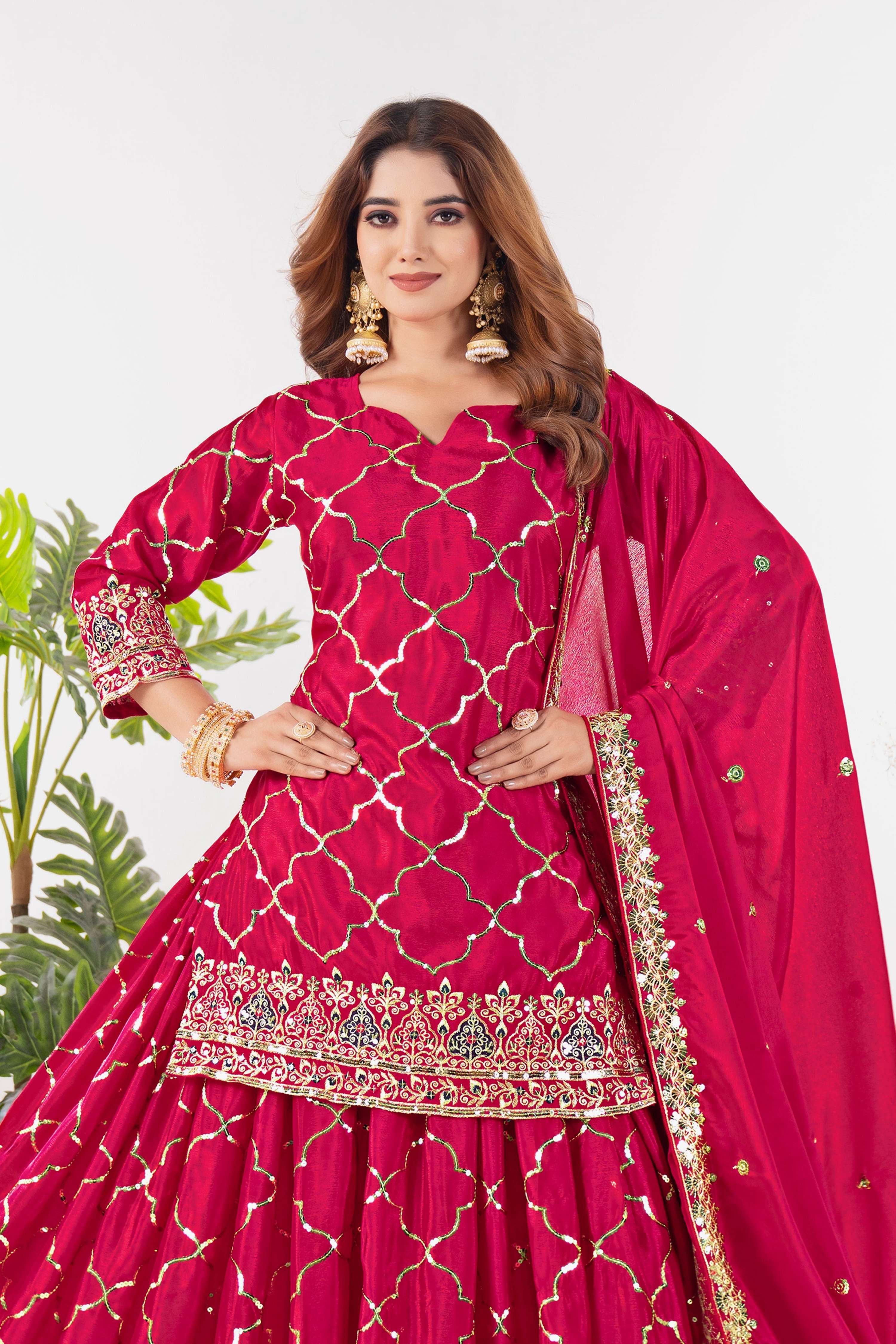 Yash Enterprise Red Chinnon Silk Embroidery Party Wear Suit Set