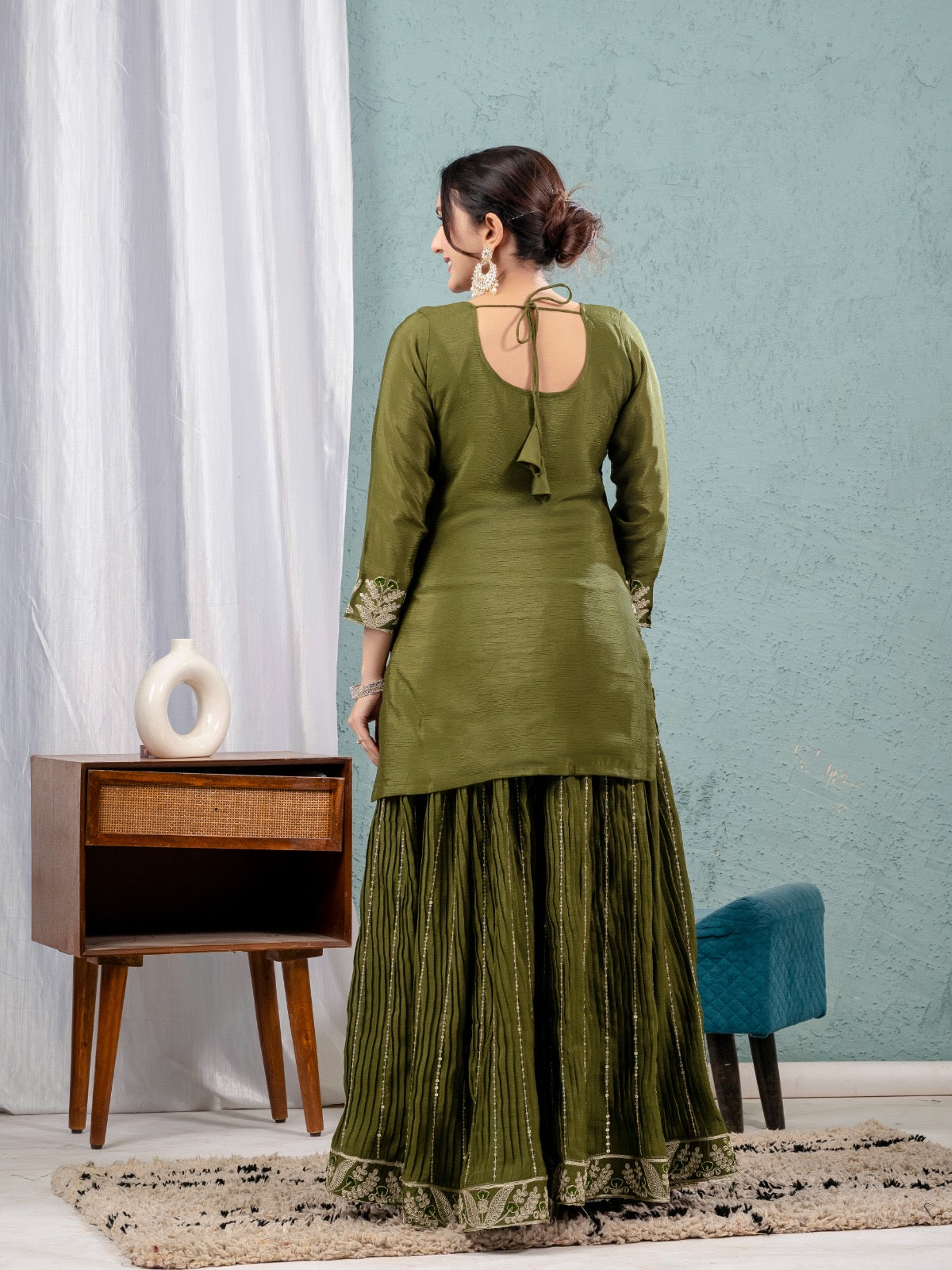 Yash Enterprise Green Chinon Silk Embroidery Party Wear Suit Set